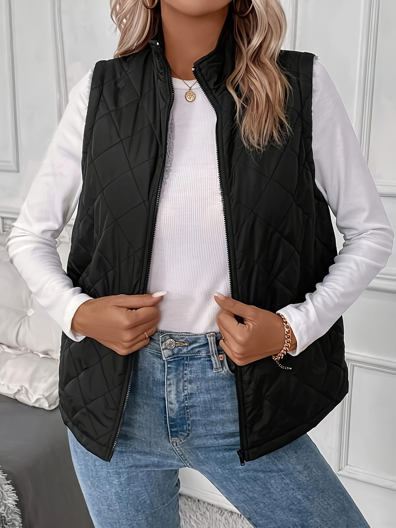 argyle pattern fall winter vest casual zip up sleeveless vest womens clothing details 1