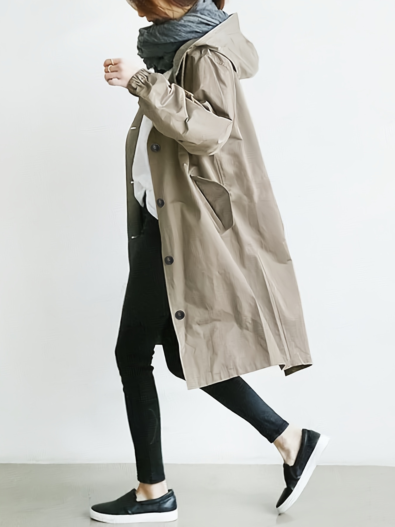 抽绳连帽风衣 休闲纯色长袖女装外套细节图 7