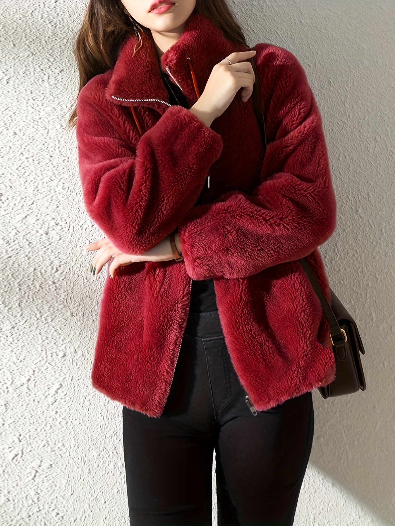 抽绳泰迪熊外套 休闲拉链长袖保暖外衣 女士服装细节图 0