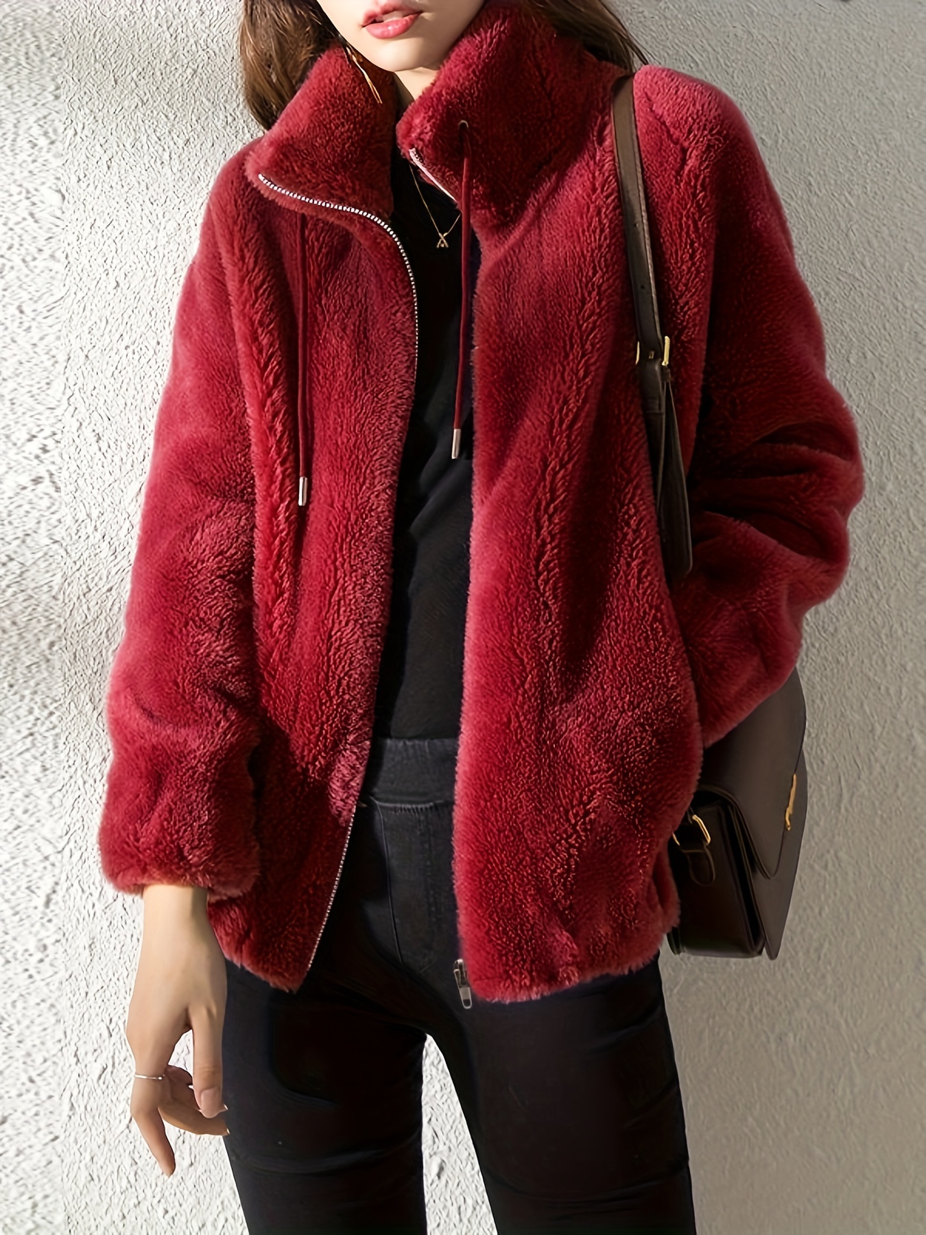 抽绳泰迪熊外套 休闲拉链长袖保暖外衣 女士服装细节图 1