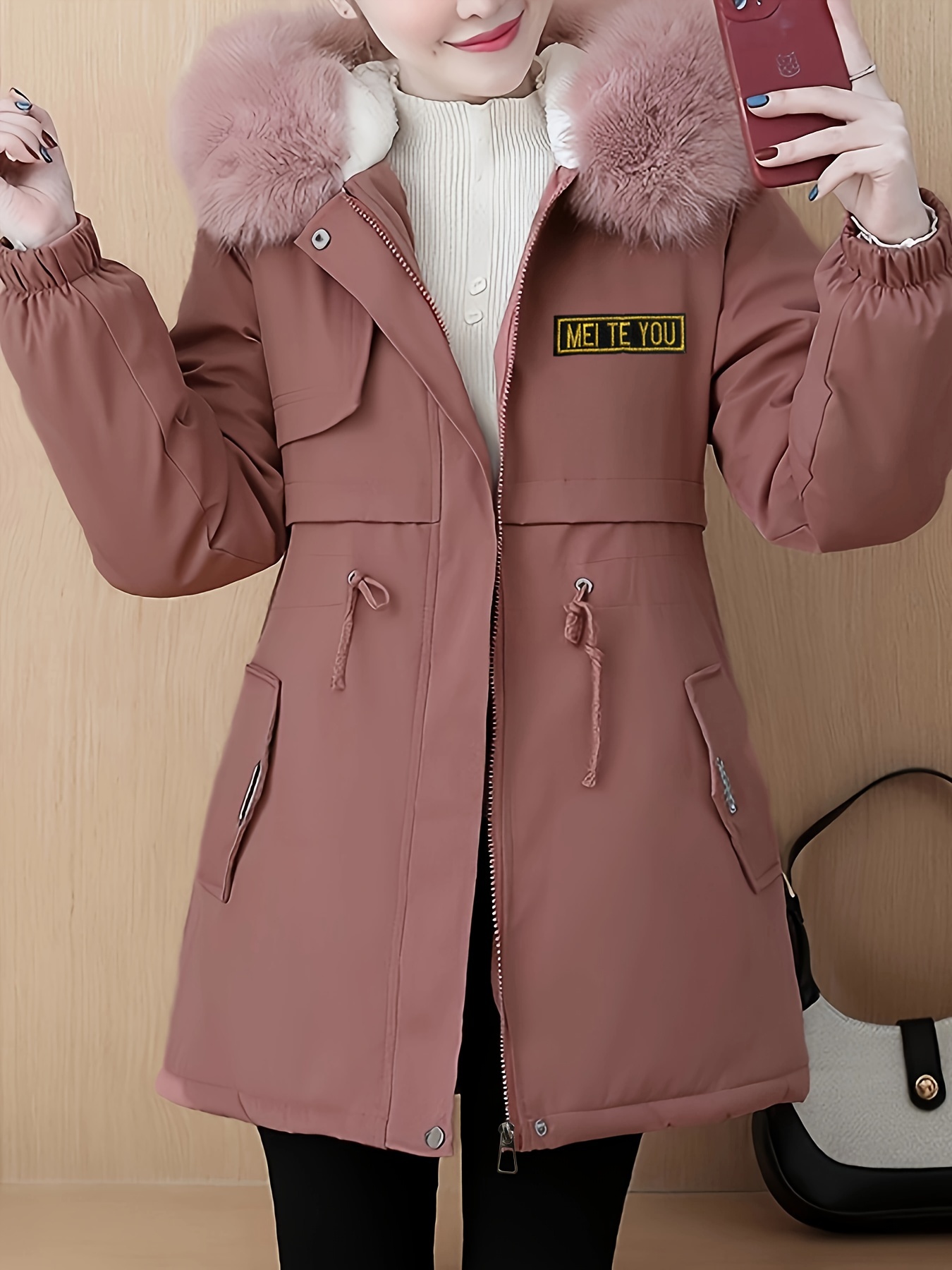 毛绒饰边连帽保暖大衣，休闲风拉链长袖冬季外套，女士服饰细节图 4