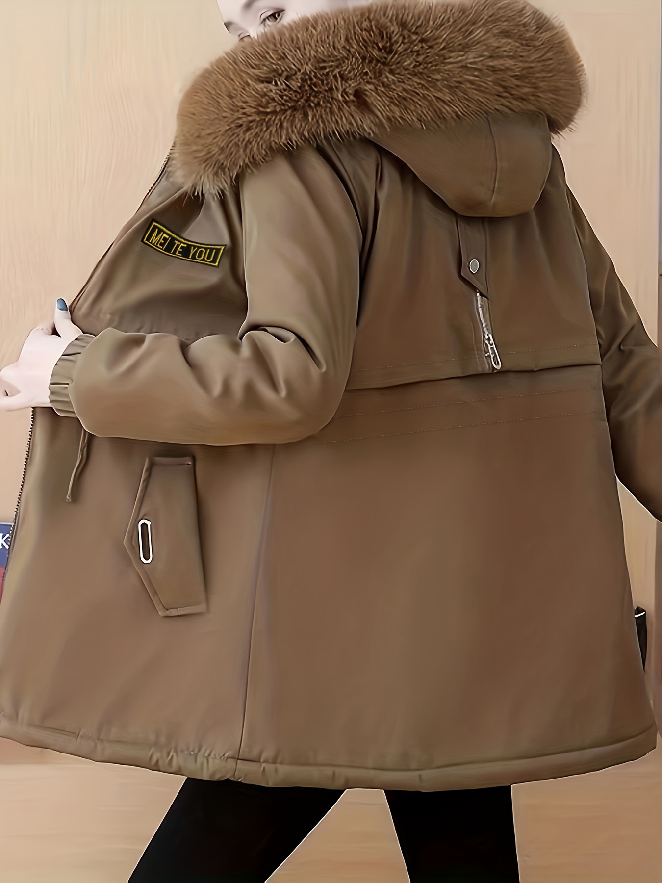 毛绒饰边连帽保暖大衣，休闲风拉链长袖冬季外套，女士服饰细节图 5