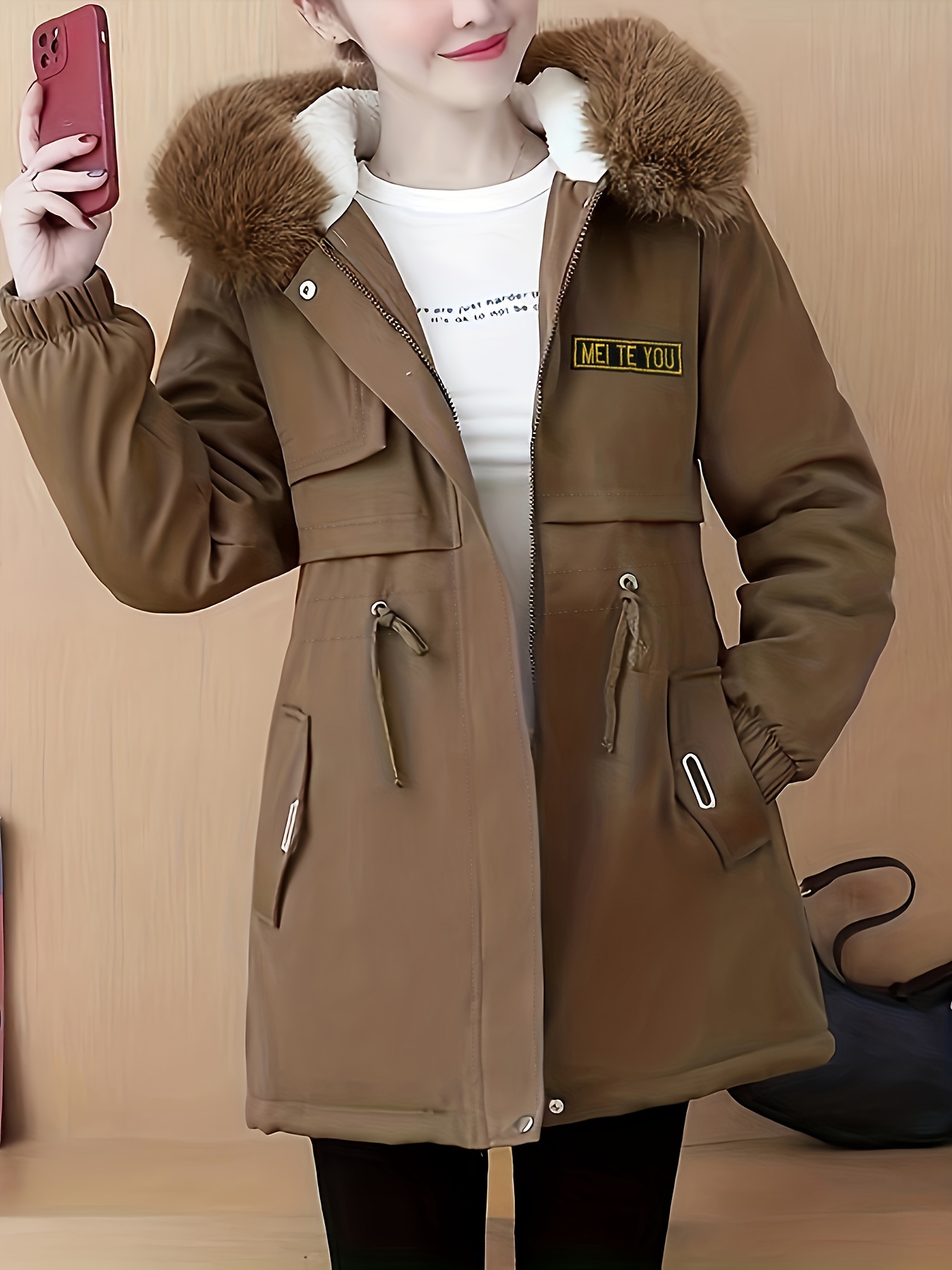 毛绒饰边连帽保暖大衣，休闲风拉链长袖冬季外套，女士服饰细节图 7