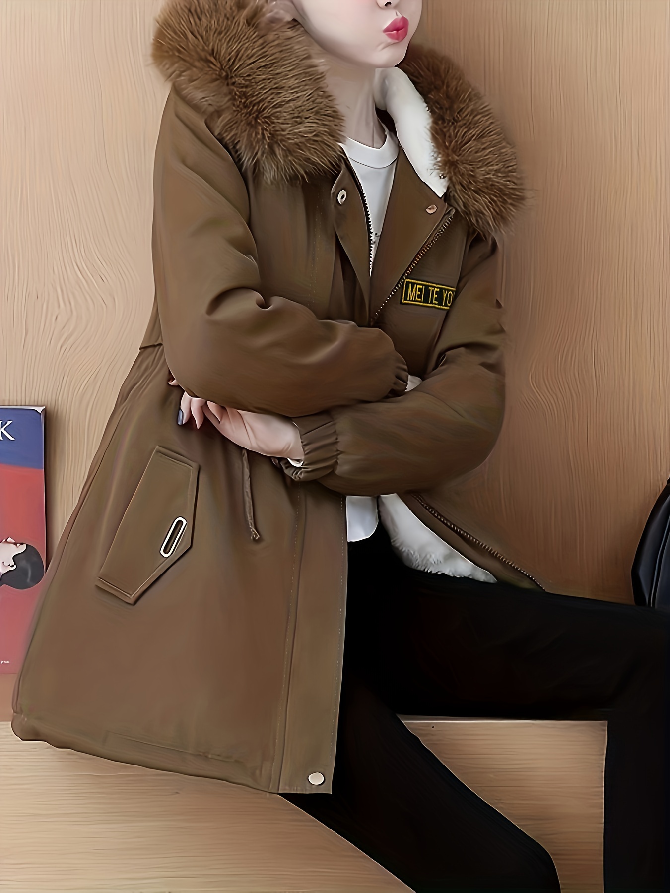 毛绒饰边连帽保暖大衣，休闲风拉链长袖冬季外套，女士服饰细节图 8