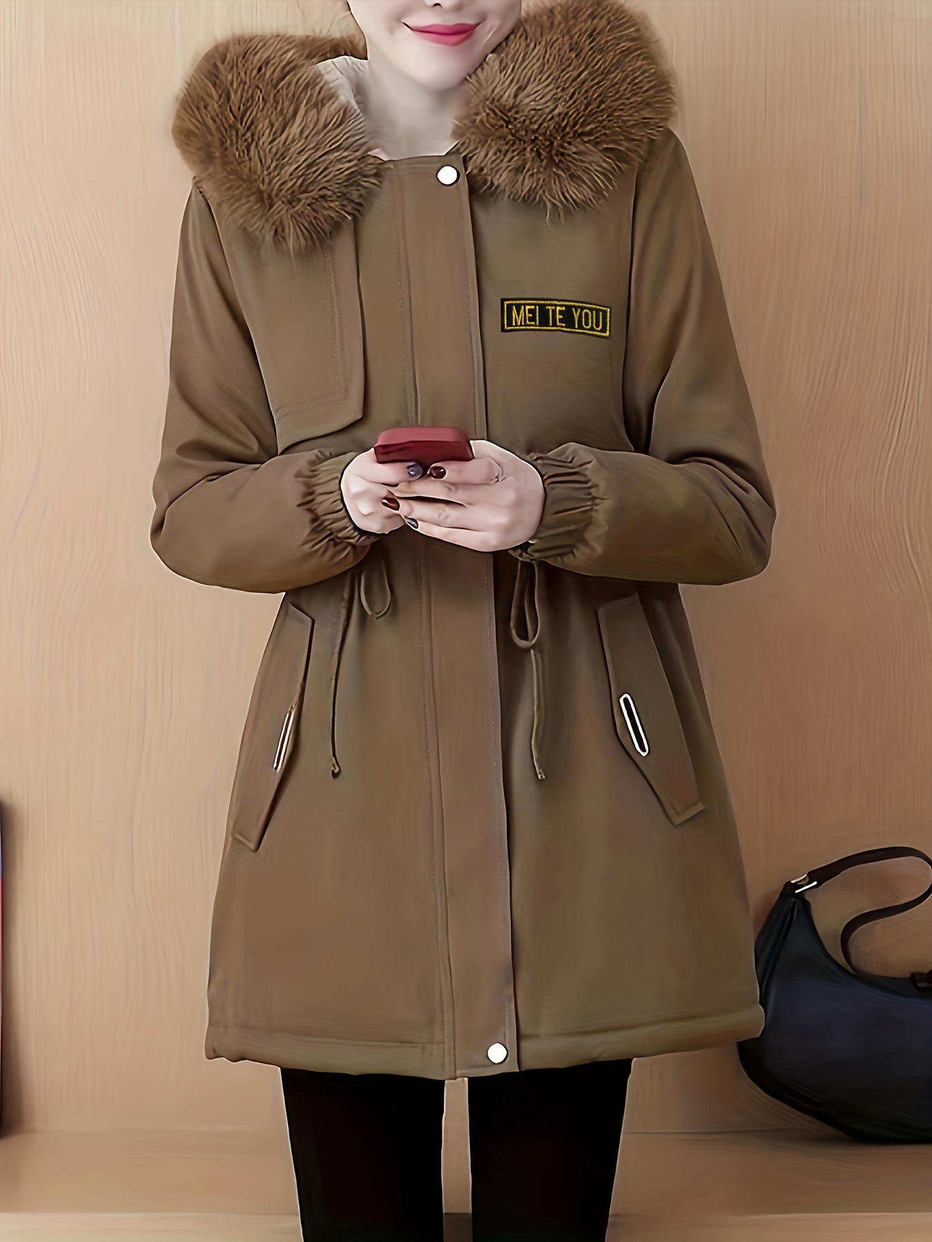 毛绒饰边连帽保暖大衣，休闲风拉链长袖冬季外套，女士服饰细节图 9