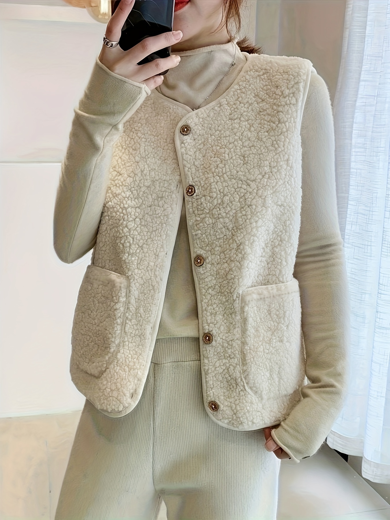 纯色前扣马甲，休闲无袖带口袋女士马甲服装细节图 1