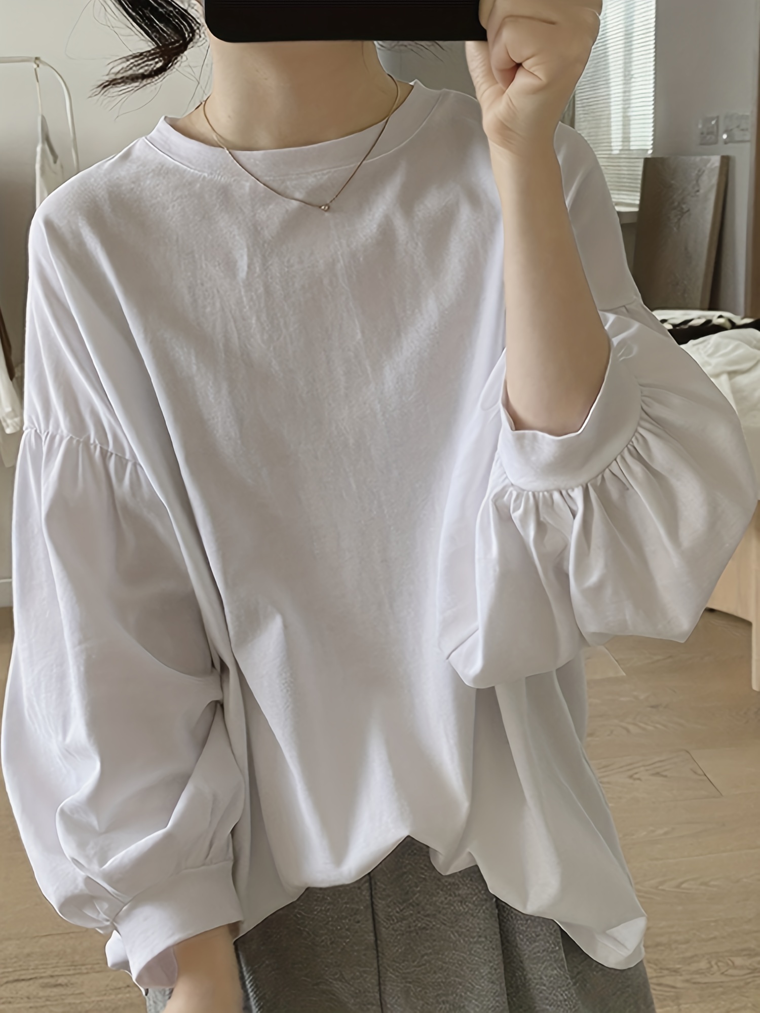 纯色圆领T恤 休闲灯笼袖上衣 春秋季女士服装 细节图 0