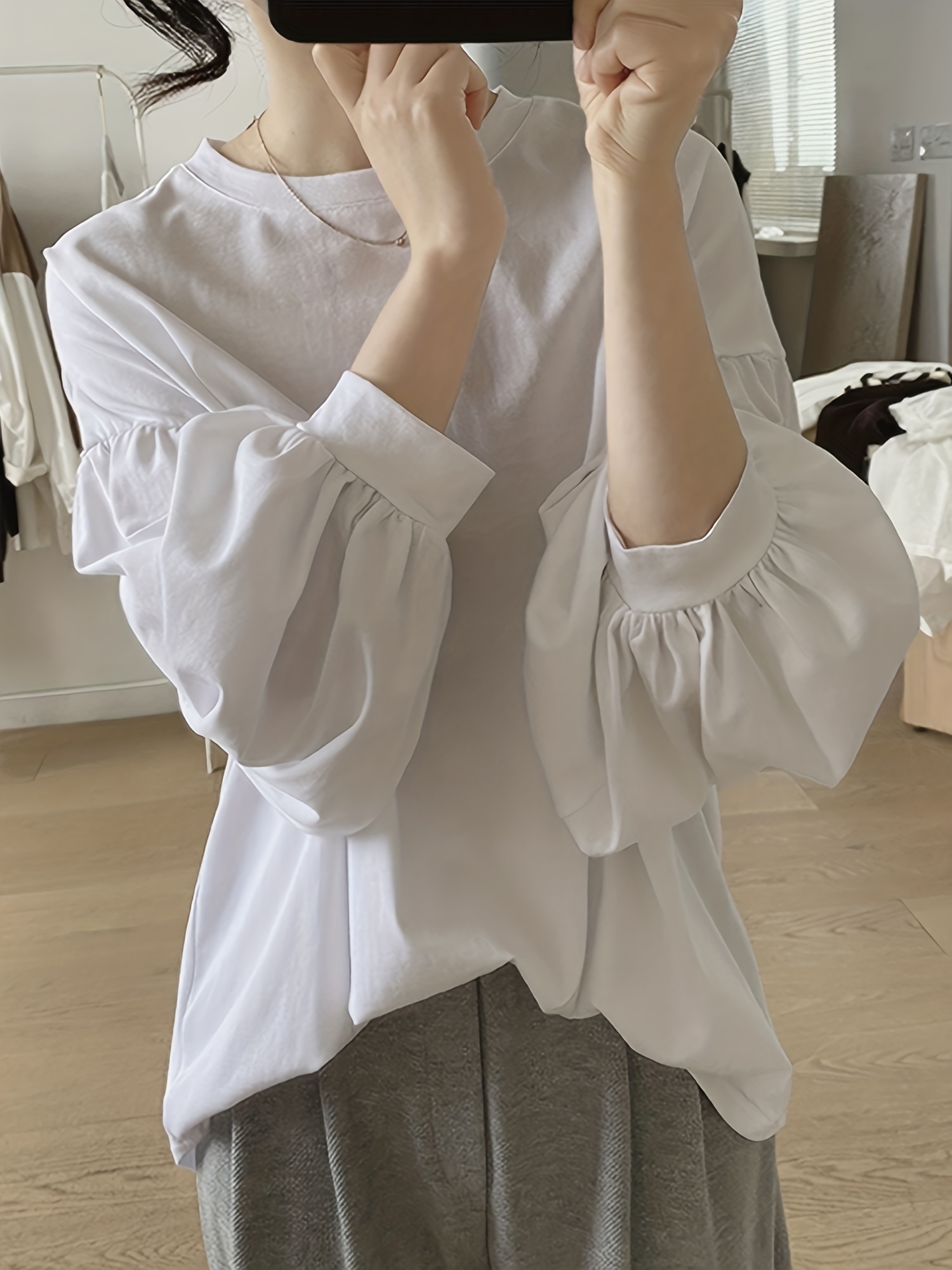 纯色圆领T恤 休闲灯笼袖上衣 春秋季女士服装 细节图 1