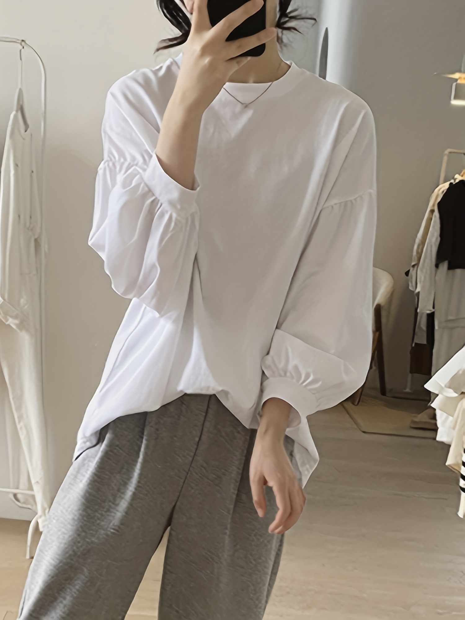 纯色圆领T恤 休闲灯笼袖上衣 春秋季女士服装 细节图 3