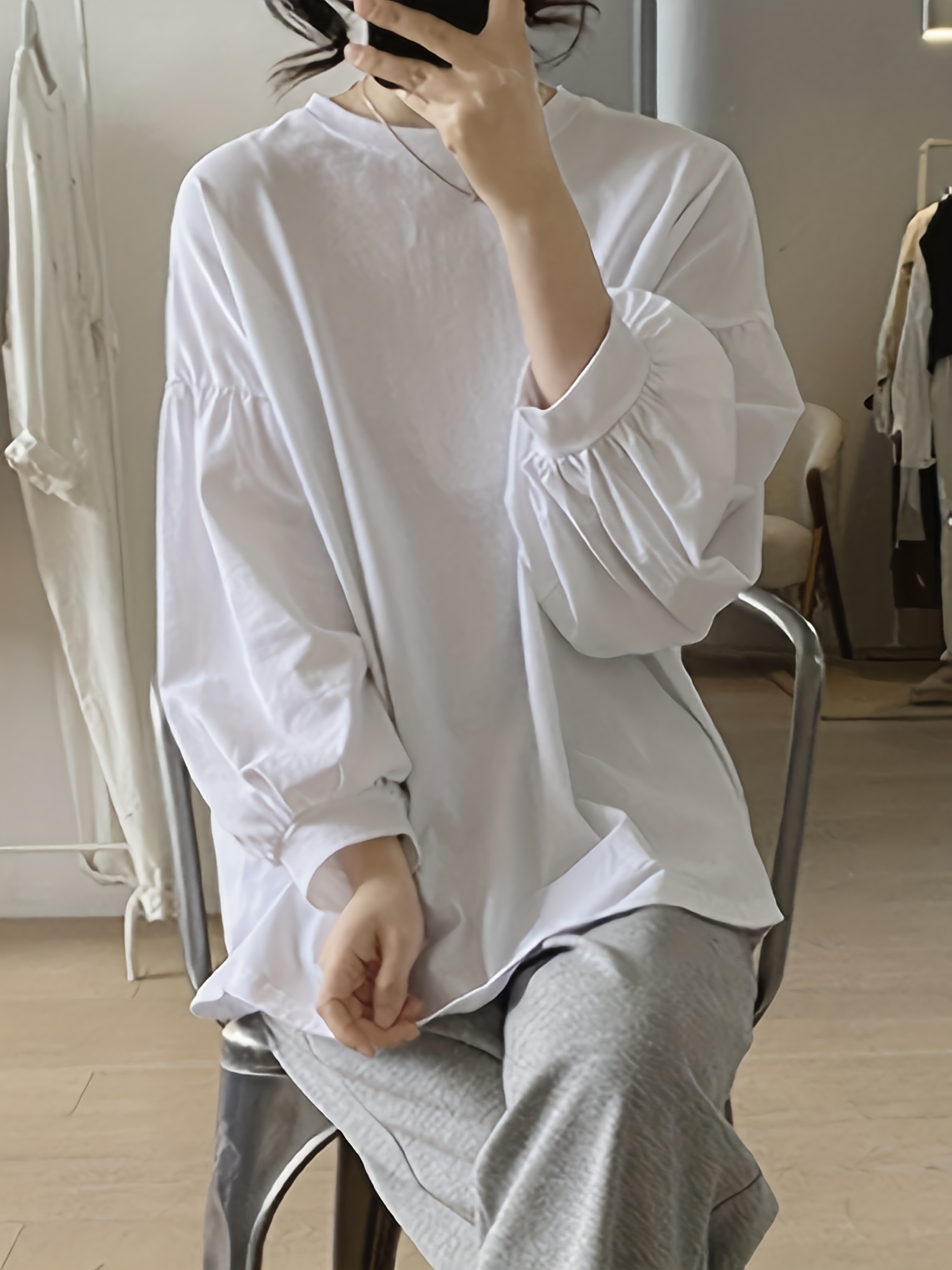 纯色圆领T恤 休闲灯笼袖上衣 春秋季女士服装 细节图 4