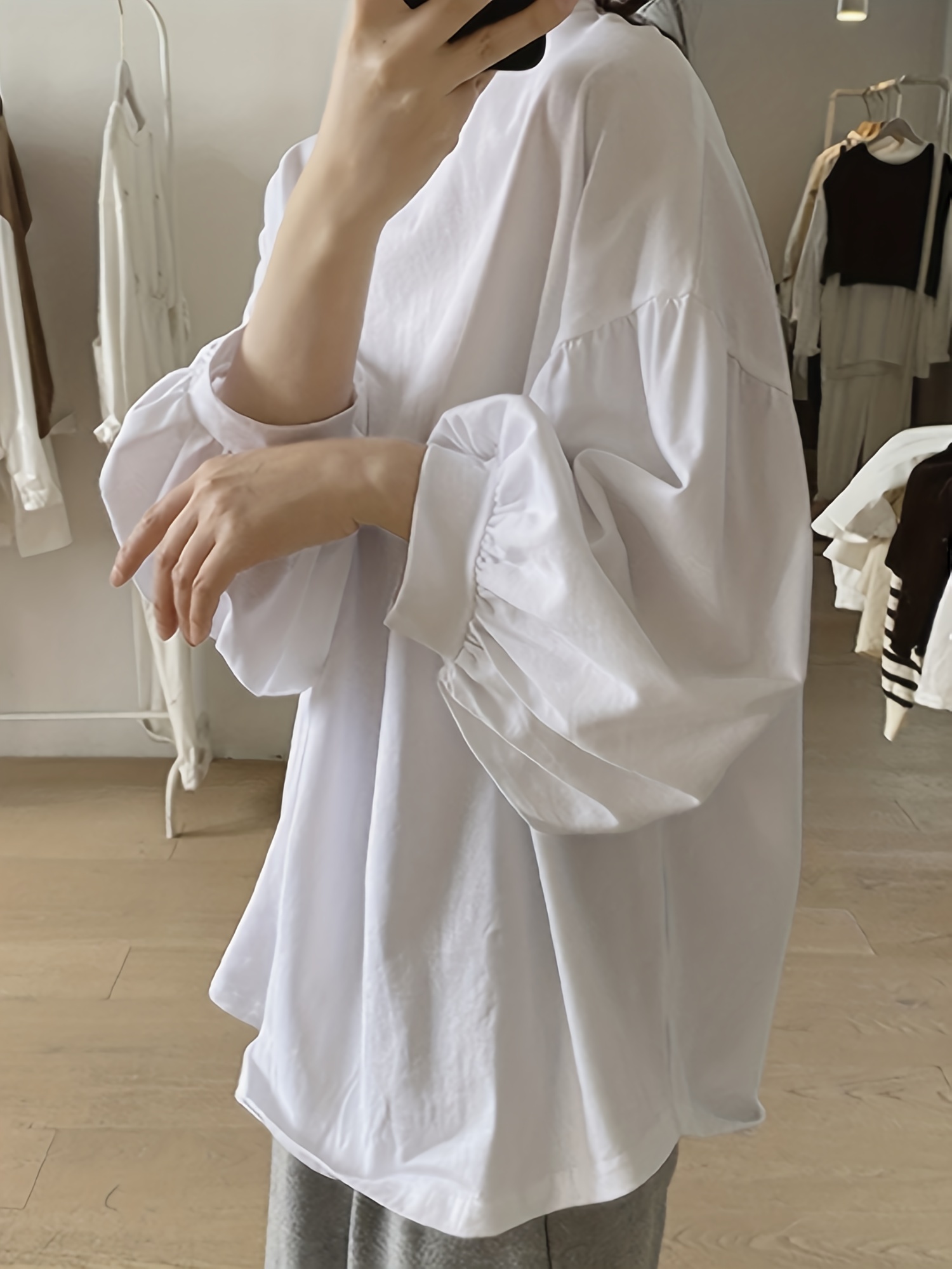 纯色圆领T恤 休闲灯笼袖上衣 春秋季女士服装 细节图 5