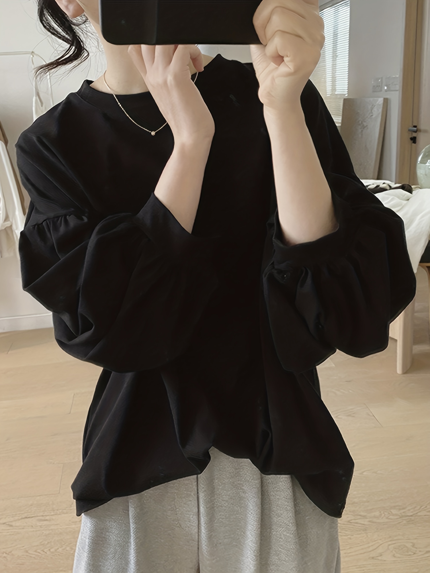 纯色圆领T恤 休闲灯笼袖上衣 春秋季女士服装 细节图 7