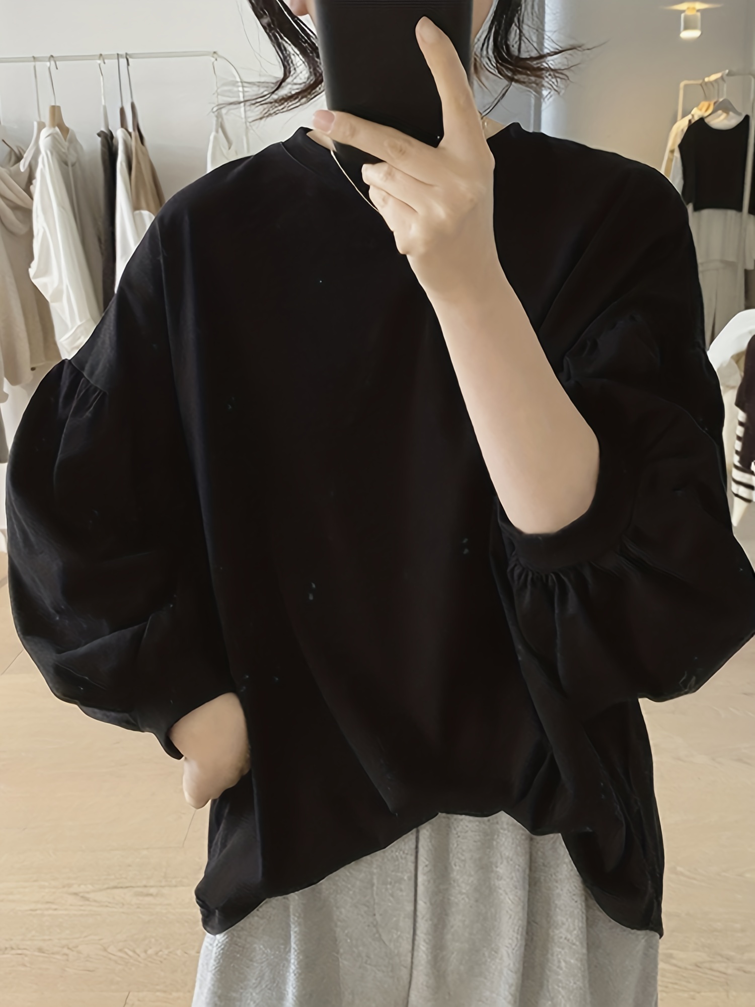 纯色圆领T恤 休闲灯笼袖上衣 春秋季女士服装 细节图 8
