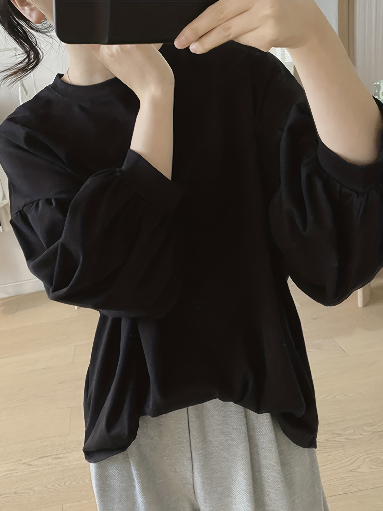纯色圆领T恤 休闲灯笼袖上衣 春秋季女士服装 细节图 9