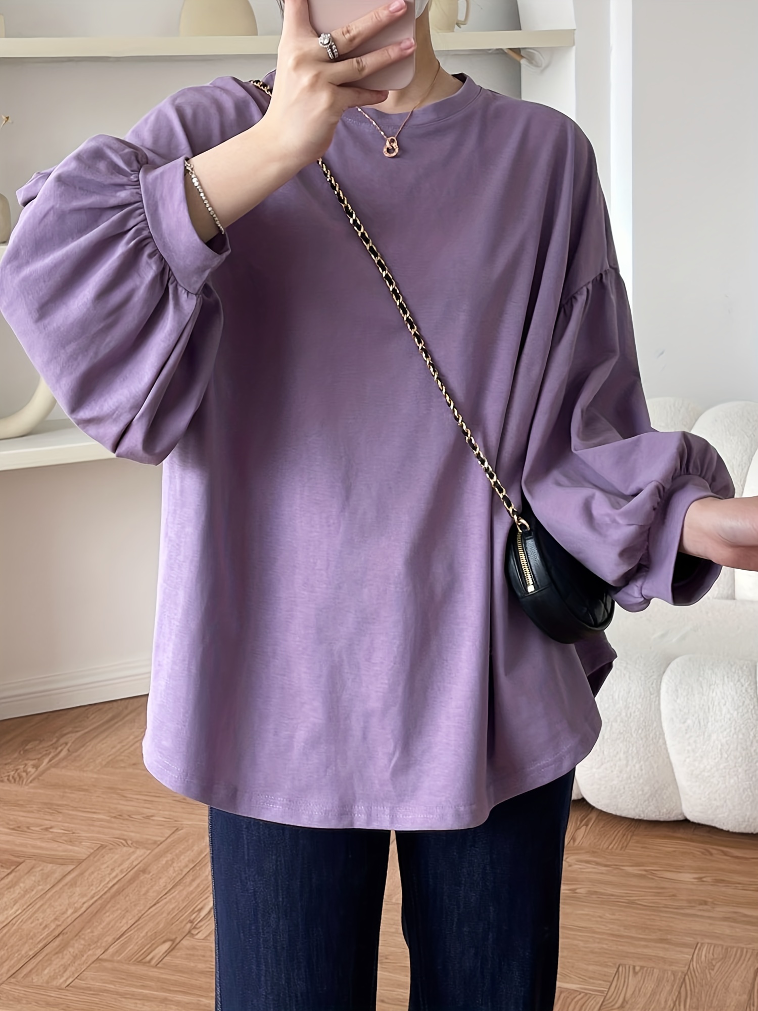 纯色圆领T恤 休闲灯笼袖上衣 春秋季女士服装 细节图 11
