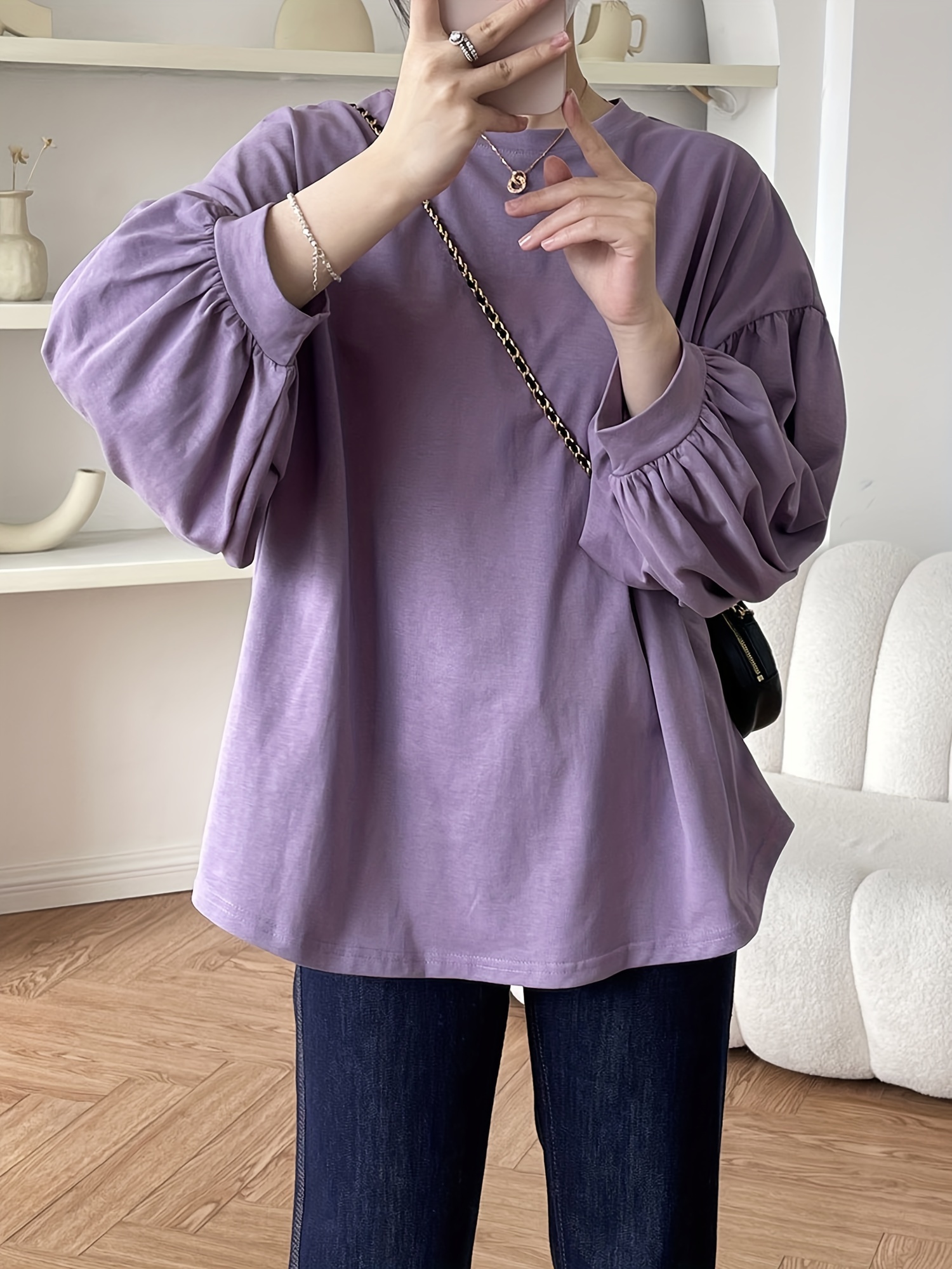 纯色圆领T恤 休闲灯笼袖上衣 春秋季女士服装 细节图 13
