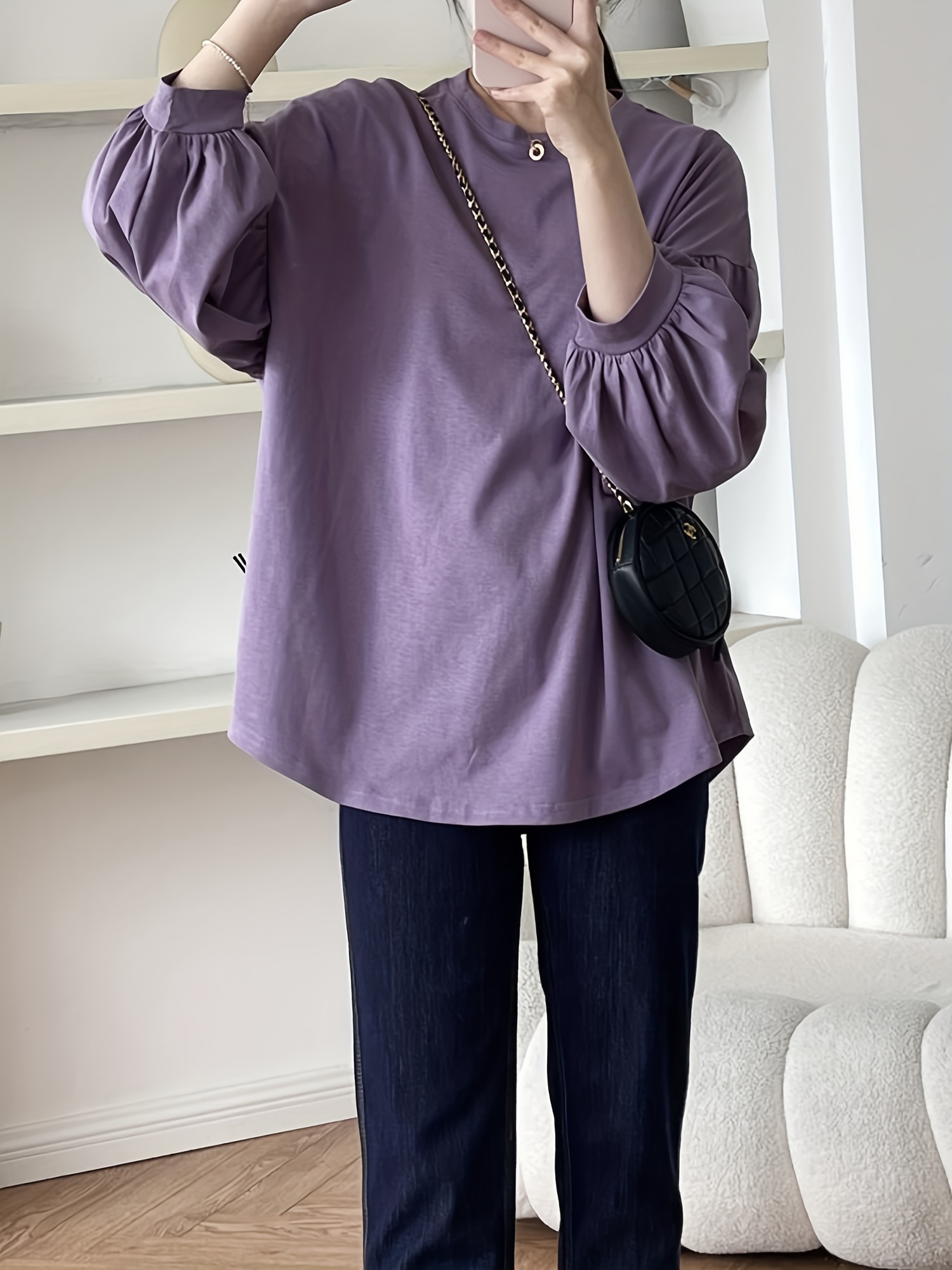 纯色圆领T恤 休闲灯笼袖上衣 春秋季女士服装 细节图 14