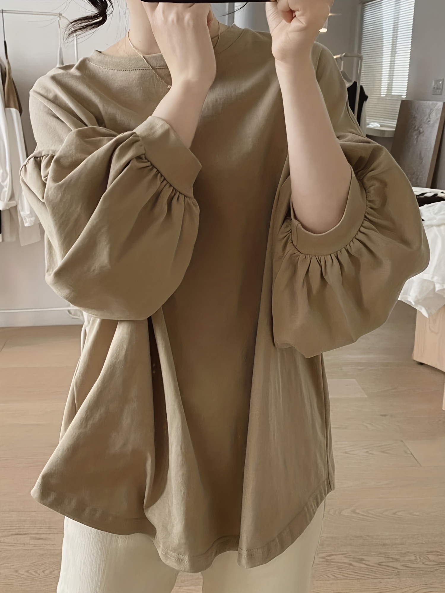 纯色圆领T恤 休闲灯笼袖上衣 春秋季女士服装 细节图 16