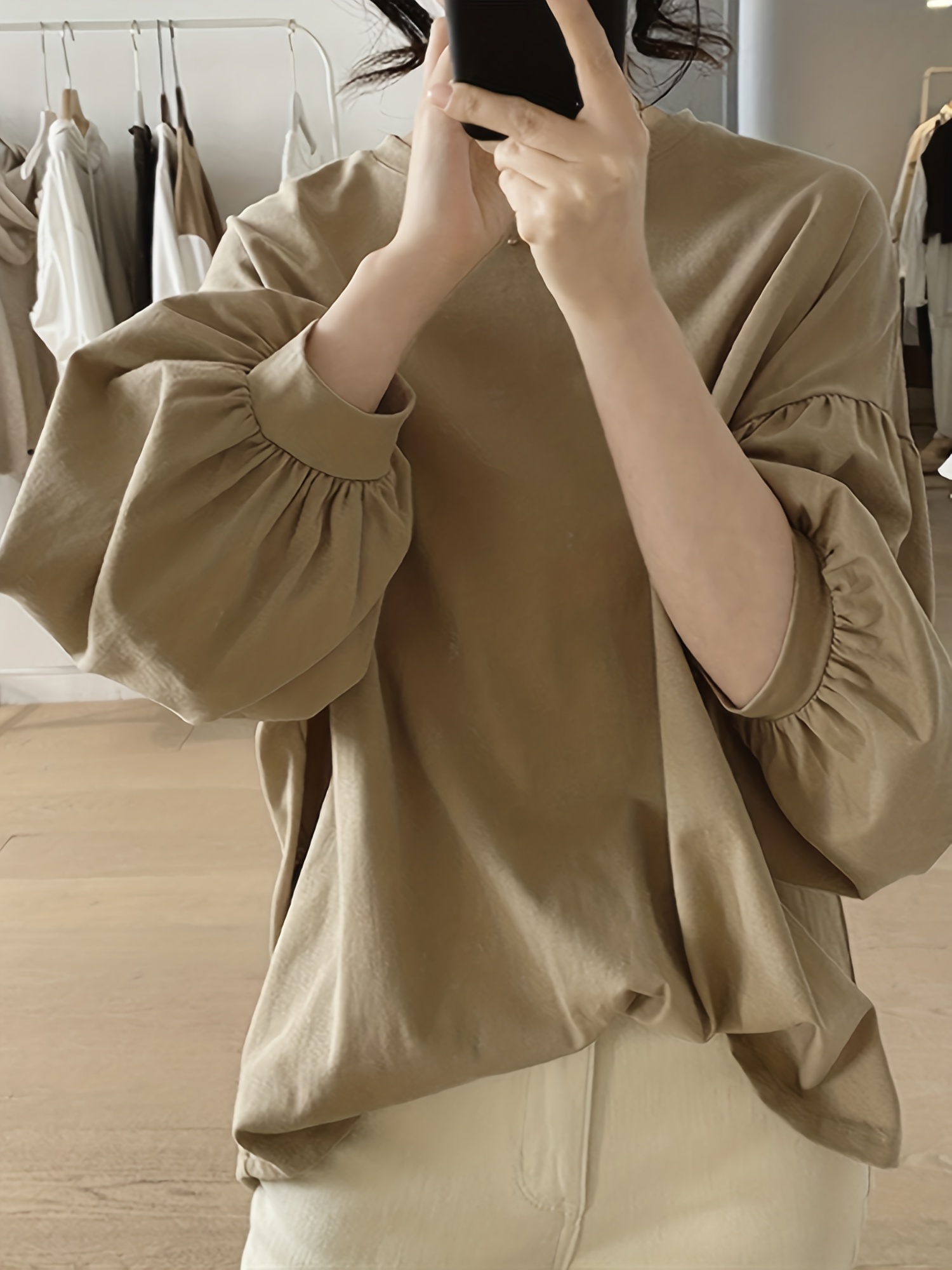 纯色圆领T恤 休闲灯笼袖上衣 春秋季女士服装 细节图 17