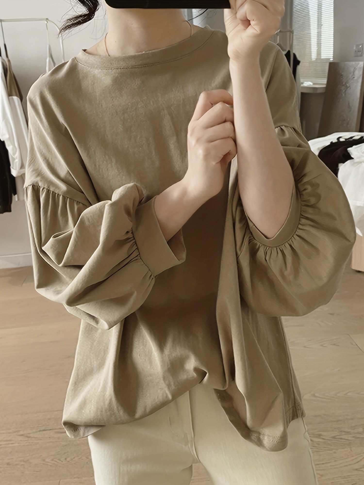 纯色圆领T恤 休闲灯笼袖上衣 春秋季女士服装 细节图 18