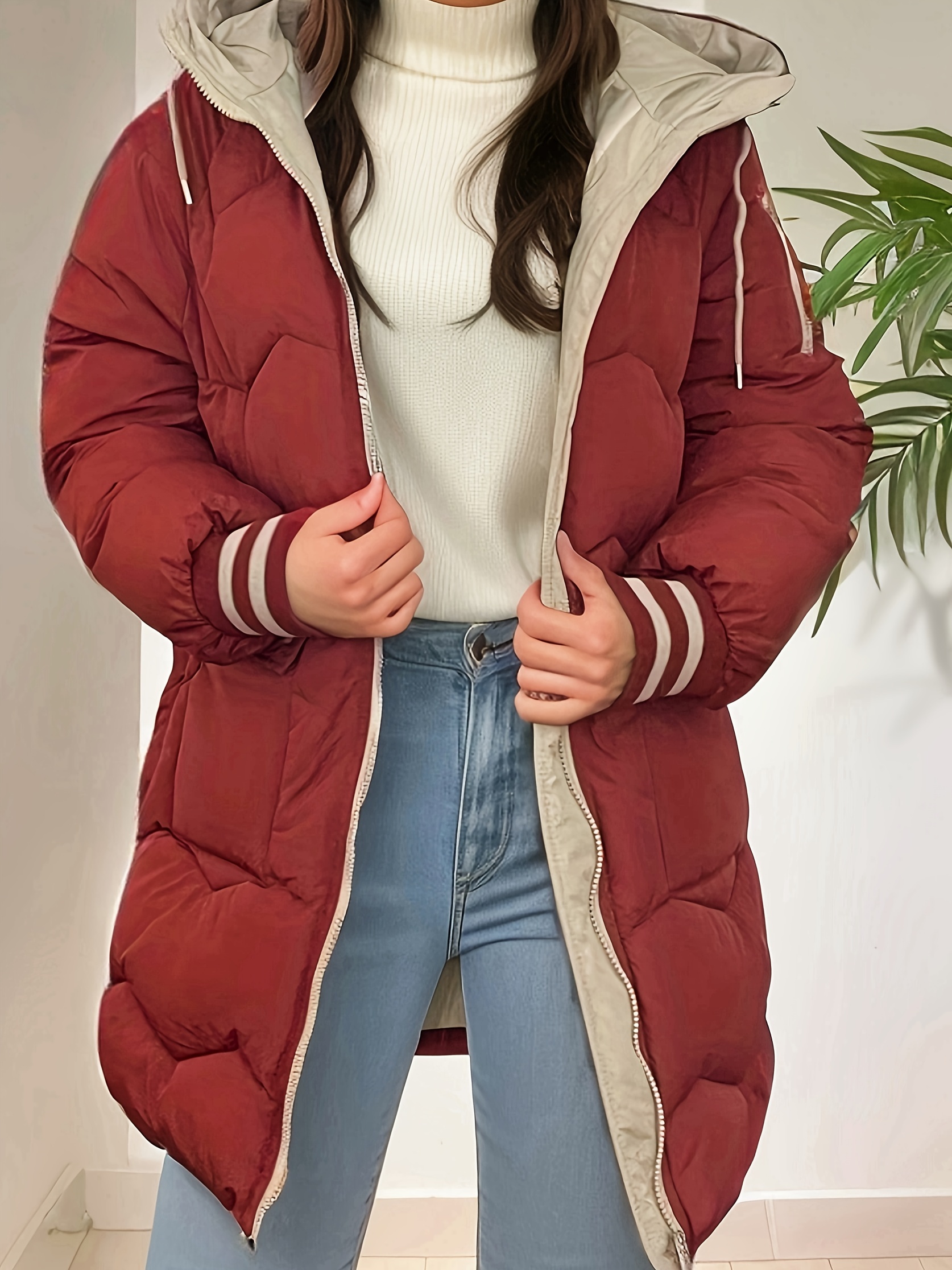 拉链拼色连帽大衣，休闲长袖冬季保暖外套，女士服装细节图 0
