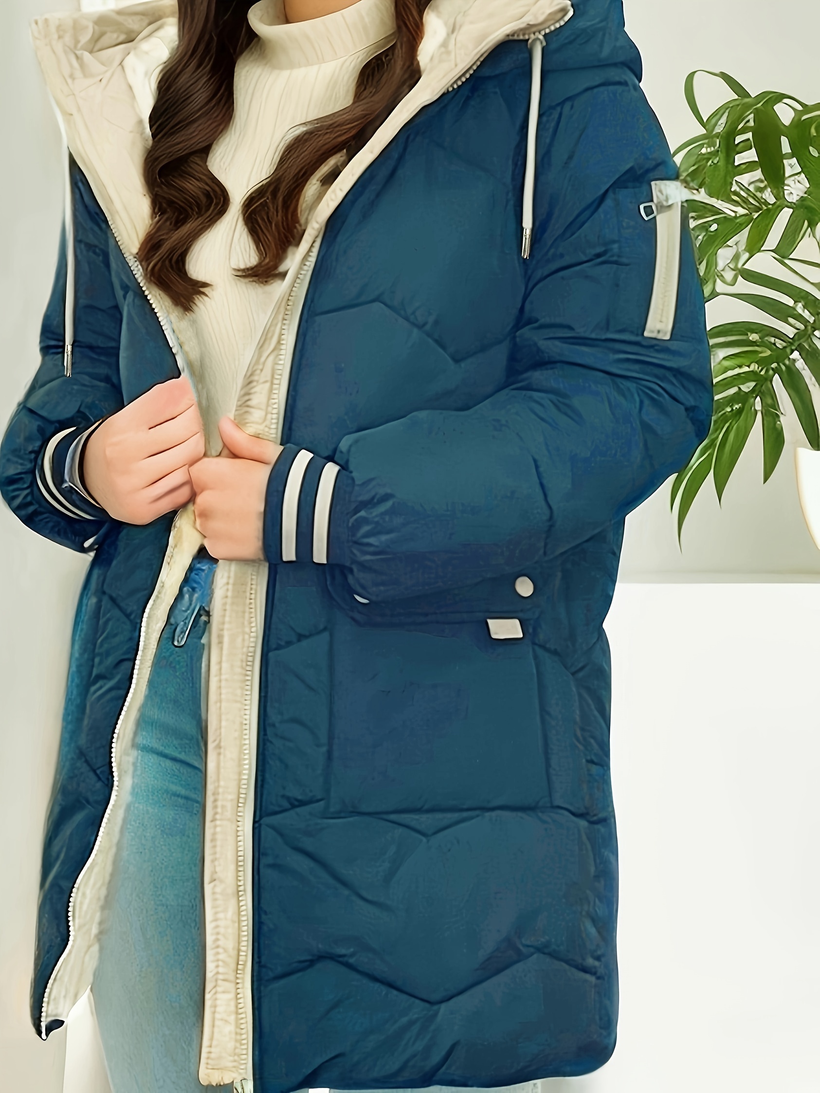 拉链拼色连帽大衣，休闲长袖冬季保暖外套，女士服装细节图 9